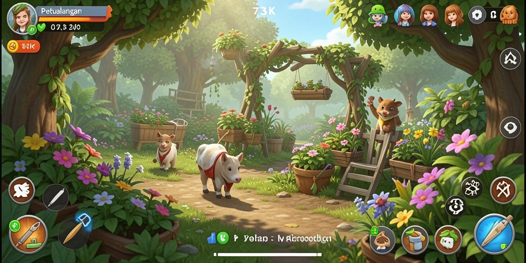Tangkapan layar gameplay 73K menunjukkan lahan pertanian yang luas dan berwarna.