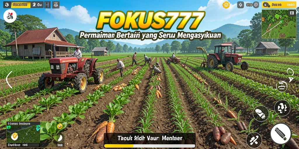 Screenshot gameplay FOKUS777 menampilkan lahan pertanian yang subur dan berwarna-warni.