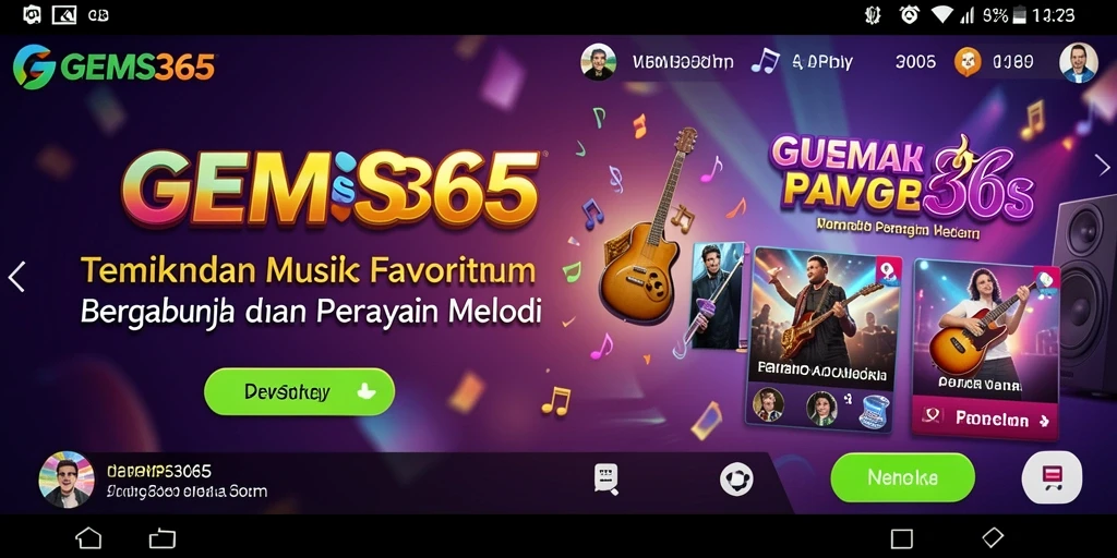 Tangkapan layar utama GEMS365 menampilkan antarmuka aplikasi musik yang menarik.