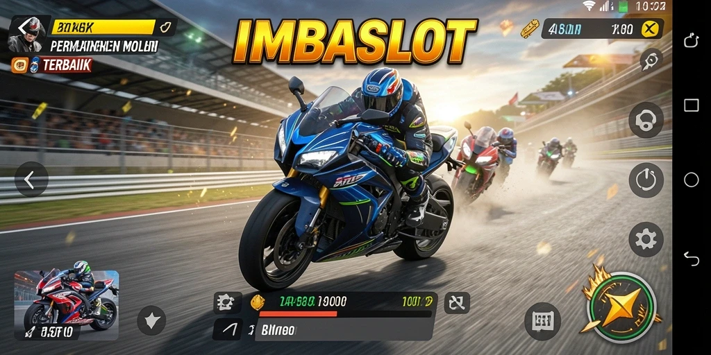 Screenshot gameplay <strong>IMBASLOT</strong> yang menampilkan balapan motor yang penuh aksi.