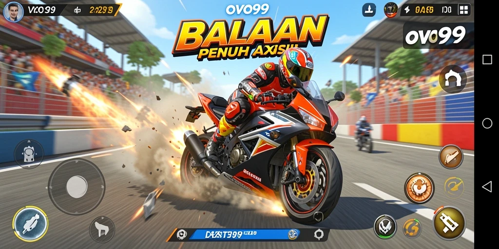 Screenshot gameplay OVO99 menunjukkan aksi balapan motor yang mendebarkan.